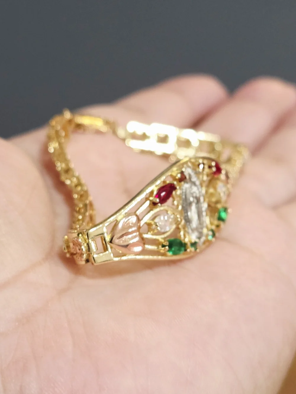 18k Gold Plated Tone Religious Bracelet with Red & Green Stones